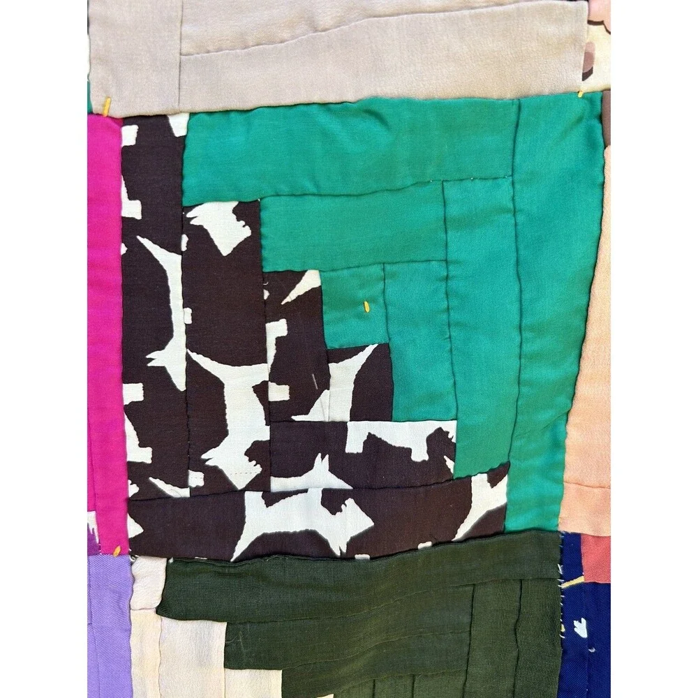 Antique Log Cabin In Rows Quilt Hand Pieced Hand Tied 1930s 40s Silk Rayon